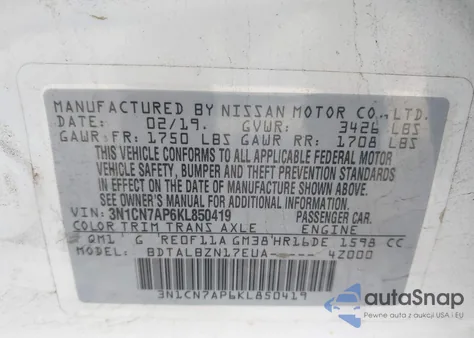 2019 Nissan Versa 1.6 Sv из США, поврежденный, VIN 3N1CN7AP6KL850419